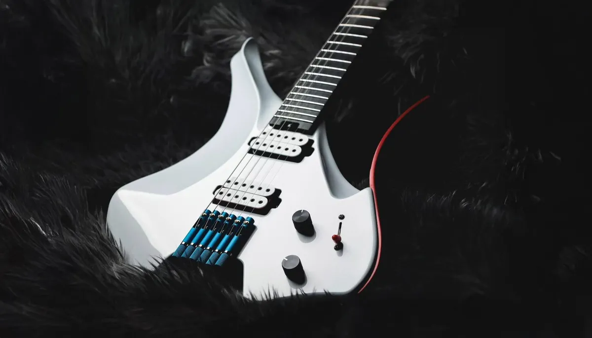 White headless guitar fitted with blue TAN bridges