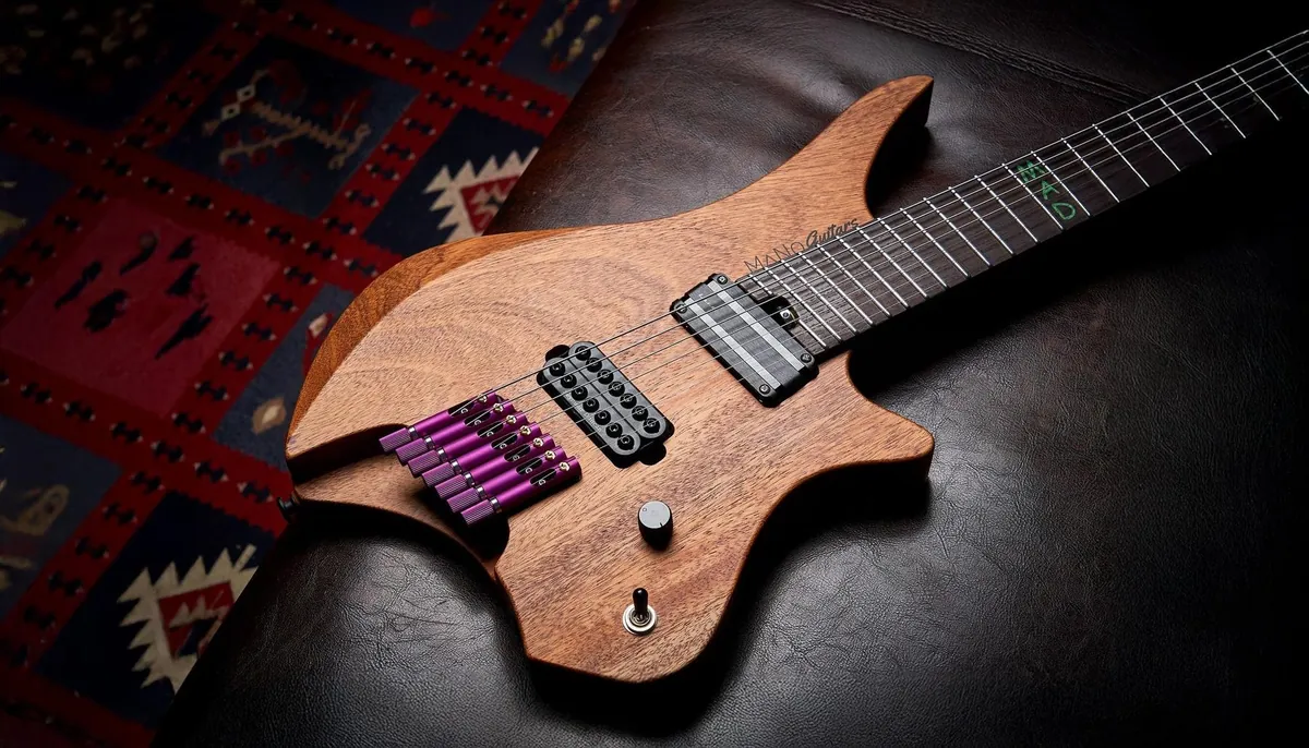 Natural wood headless 7-string guitar fitted with purple TAN bridges
