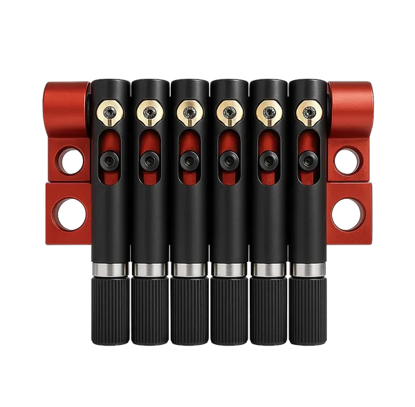 TT6 tremolo with six black bridge pieces on a red baseplate
