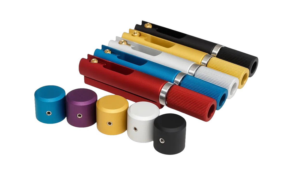 TAN bridge pieces and knobs in red, blue, natural, gold, black and purple anodized finishes